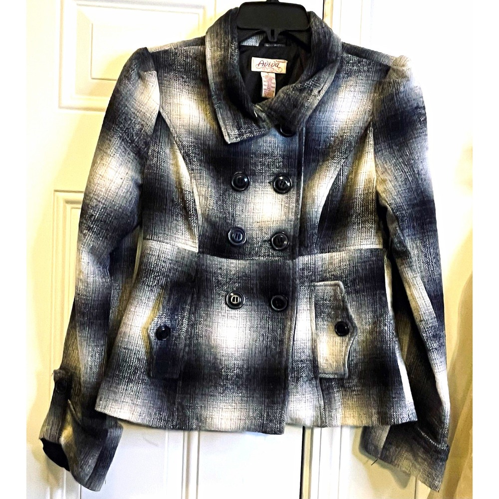 VTG Y2K Black White Plaid Aviva Wool Blend Peacoat S Double Breasted Jacket